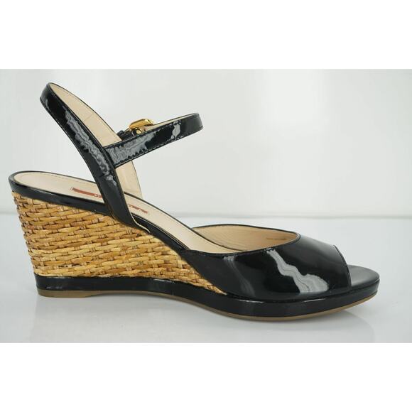 Prada Sport Black Patent Ankle Strap Woven Raffia Wedge Heel Sandals - Picture 6 of 12